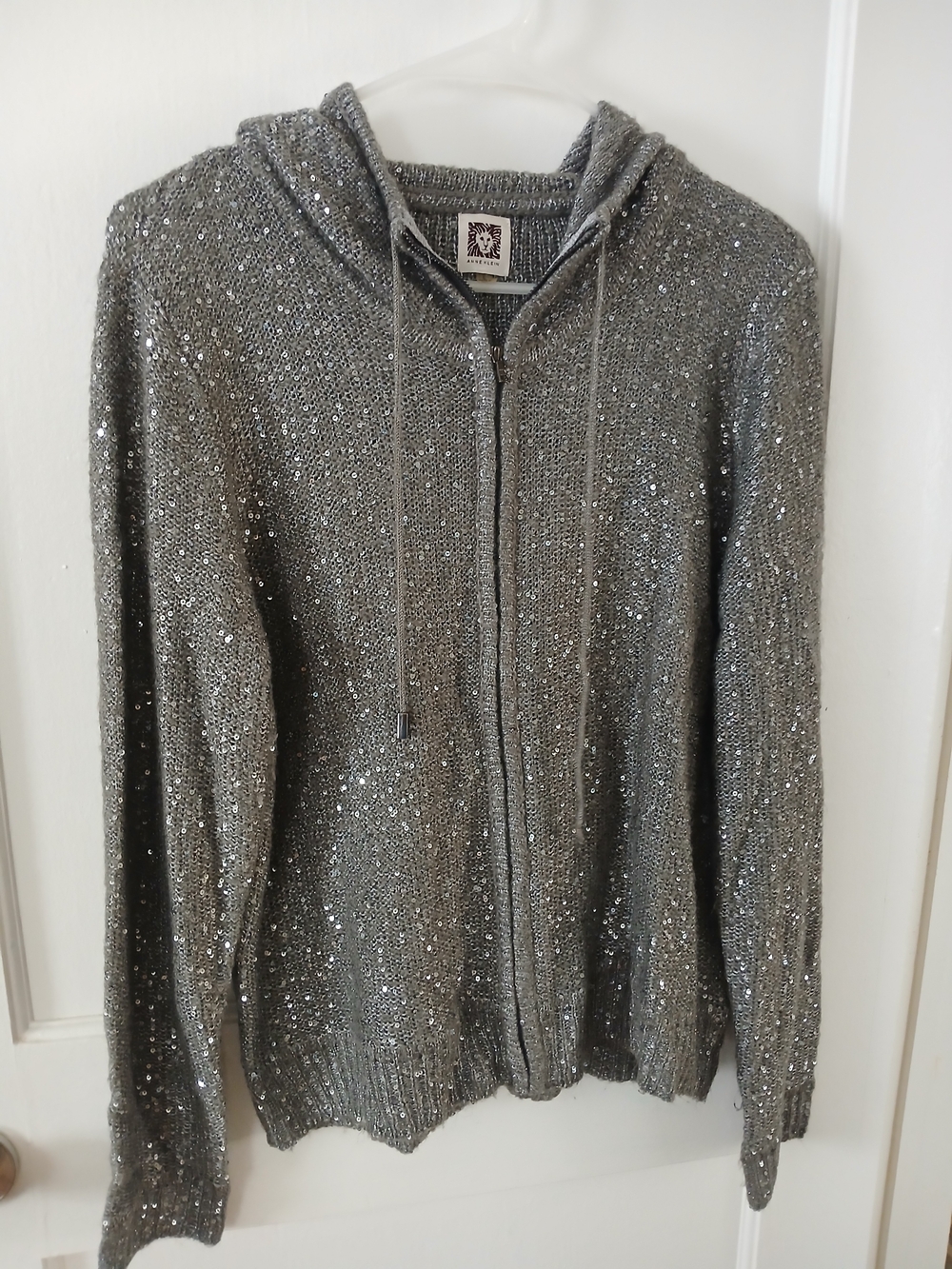 Anne Klein Silver Sequin Zip-Up Hoodie Sweater